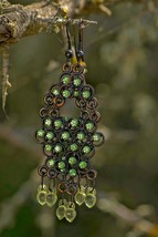 Vintage 80s 90s Green Rhinestone Earrings Dangle Drop Long Boho Gypsy Beaded - £8.15 GBP