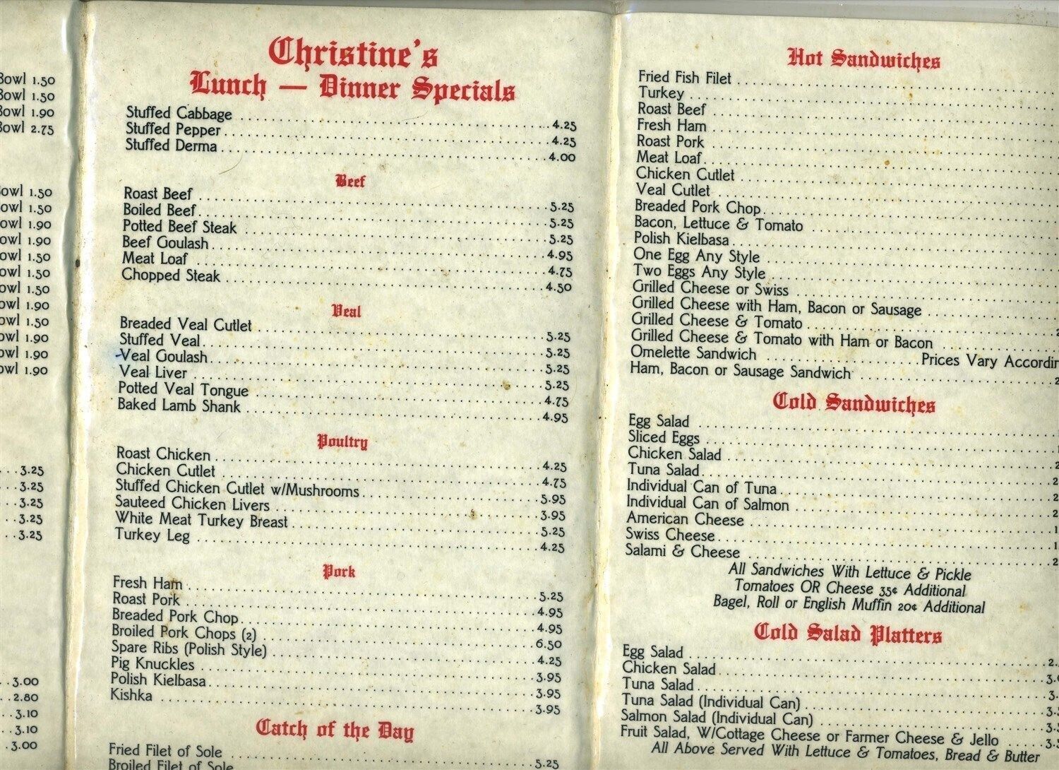 Christine's Coffee Shops Polish & American Food Menu 1st & 2nd Ave New