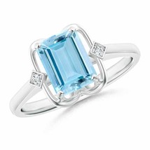 Authenticity Guarantee 
Emerald Cut Aquamarine with Round Diamond Accent Ring... - £727.27 GBP