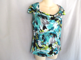 Worthington top  blouse cowl neck Medium blue floral  lined cap sleeves - $14.65