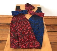 Set of Vtg Wilson Red Blue Reversible Paisley Cummerbund + 2 Clip On Bow... - $36.62