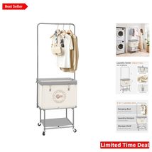 Elegant 110L Rolling Laundry Cart with Hanging Rod &amp; Storage Shelf - Beige - $130.63
