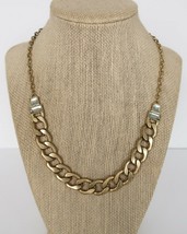 Vtg brushed gold tone chain link necklace w/ rectangular rhinestone accents - £15.71 GBP