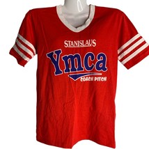 Vintage 80s YMCA Baseball T Shirt S Red V Neck Single Stitch Coach Pitch - £47.54 GBP