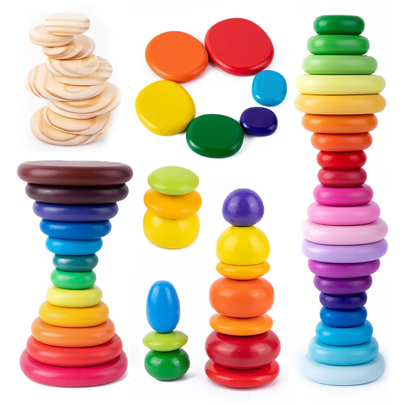 Wooden Montessori Rainbow Pebbles Stack Block Toys Nordic Style Gradient - £22.12 GBP+