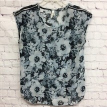 Truth Nyc Womens Blouse Blue Black Floral Sleeveless Scoop Neck Zip High Low S - $9.89