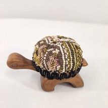 Midcentury Turtle Pincushion Wood Body Base Colorful Fabric Shell Vtg 4.5&quot; - £23.19 GBP