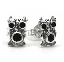 Sterling Silver Owl and Stone Inlay Stud Post Earrings, Onyx - £8.65 GBP