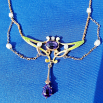 Diamond Amethyst Nouveau Necklace Antique KREMENTZ Deco Guilloche Enamel 14k - $84,425.88 MXN