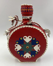 Vintage Leather Braid Wrapped Covered Bottle/Decanter Hearts Red Folk Art - $19.99