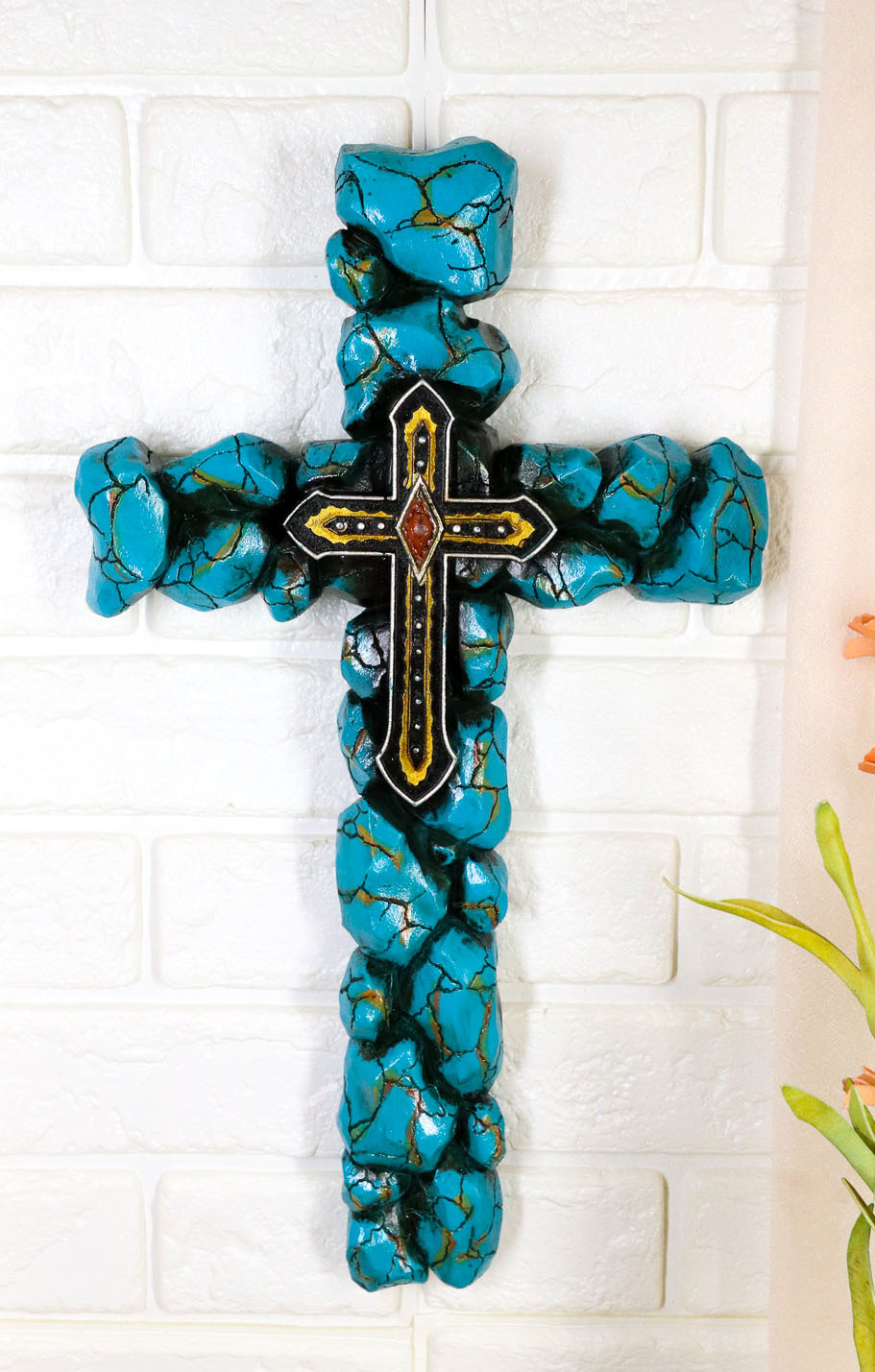 Southwest Western Crackled Turquoise Pebble Rock Beads Layered Wall Cros... - $25.99