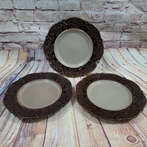 Elama Salad Plates Brown Beige 8 1/2&quot; Round Embossed Stoneware Replacement 3 Pc - £14.82 GBP