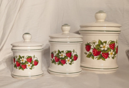 Vintage Strawberry Fields Canisters Ceramic 3 PC Set Sears 70&#39;s Japan - £35.44 GBP