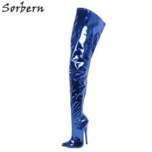 Metallic Blue Women Boots Thigh High Women Shoes 18Cm Spike High Heels Custom - £229.99 GBP