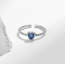  Retro 925 Sterling Silver Elegant Blue Zirconia Heart Adjustable Ring (Size 6.5 - £19.17 GBP