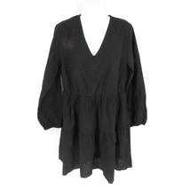 FANCYINN Shift Dress Pockets Ruffle Hem V Neck Loose Swing L Black - £10.27 GBP