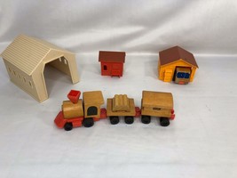 Vintage Mattel Wood Train 1972 with Buildings Child&#39;s Toy - £9.59 GBP