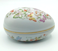 Vintage 1974-79 Avon Egg Shaped Porcelain Trinket Box Butterfly Flowers - $14.85