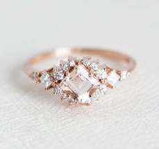 1.75Ct Princess Cut Morganite &amp; Diamond Vintage Ring 14K Rose Gold Finish - £75.19 GBP