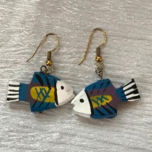 Estate Blue White Yellow &amp; Purple Painted Carved Wood Fish Dangle Earrings for  - £8.13 GBP