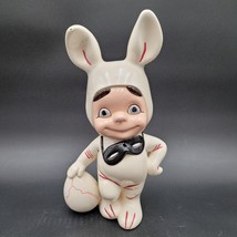 Vintage 1983 Atlantic Mold Ceramic Smiling Child White Easter Bunny Costume 12&quot; - £14.78 GBP