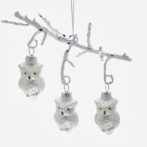 Hand Blown Glass White Owls w/ Silver Glitter On Branch Christmas Tree Ornament - £12.17 GBP