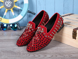 Italian Luxury Genuine Leather Men&#39;s Studded Red Slip on Loafers ! - £159.07 GBP