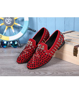 Italian Luxury Genuine Leather Men&#39;s Studded Red Slip on Loafers ! - $273.03 CAD
