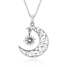 Lunar Eclipse Crescent Moon &amp; Sun Celestial Sterling Silver Pendant Necklace - £15.06 GBP