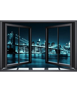 Framed canvas art print giclée blue Brooklyn bridge night through window - $24.37 CAD+