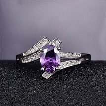 8x6mm Oval Simulated Amethyst &amp; Diamond 14K White Gold Plated Solitaire Ring - £51.45 GBP