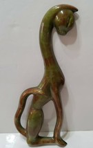 Tall Vintage Art Deco Ceramic Long Neck Cat Sculpture 15&#39;&#39; Green Brown Color MCM - £51.44 GBP