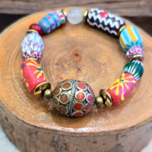 Vintage African Venetian Style Glass with Afghani Big Brass Beads Bracel... - $25.76