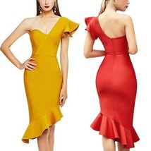 V Neck Package Hip Flounce Ruffle One Shoulder Celebrity Trumpet Bandage Dress - $45.20