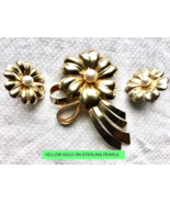 Yellow Gold Sterling Silver Pearl Pin Matching Screw back Earring Set Ti... - $1,618.35 MXN