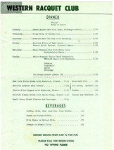 Western Racquet Club Dinner Menu Elm Grove Wisconsin 1970&#39;s - $24.72