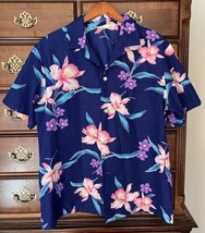 Vintage 1970s Hukilau Fashions Hawaiian XL Blue Floral Button Shirt poly... - $24.72