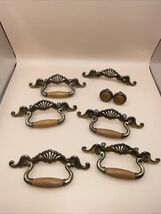 5 French Provincial VTG Hardware Cabinet Drawer Pulls Brass &amp; Oak Wood 5... - $98.99