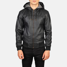 LE Nintenzo Black Hooded Leather Bomber Jacket - £109.82 GBP+