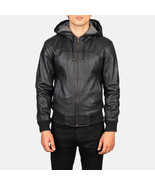 LE Nintenzo Black Hooded Leather Bomber Jacket - £99.99 GBP+