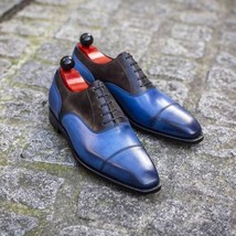 Oxford Blue Black Derby Cap Toe Two Tone Spectator Genuine Leather Laceup Shoes - £111.39 GBP