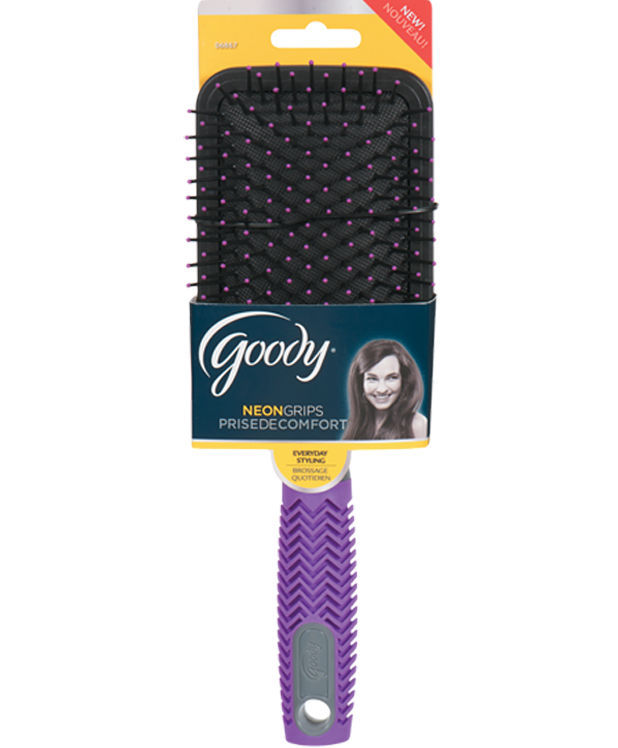 GOODY* Hair Brush NEON GRIP Ball-Tipped BRISTLES Everyday Styling PURPLE CHEVRON - $8.98