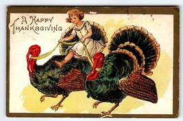 Thanksgiving Postcard Women Rides On Giant Turkey Vintage Embossed Fantasy - £14.23 GBP
