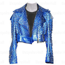 New Women&#39;s Blue Full Silver Studded Brando Punk Shiny Cowhide Leather J... - £305.97 GBP
