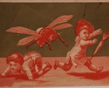 Victorian Trade Card Small Kids Chased by Giant Bee Gold Background VTC 2 - $5.93