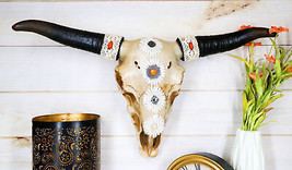 19&quot;L Large Country Western Steer Cow Skull With White Flowers Tribal Wall Decor - £33.72 GBP