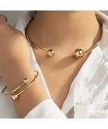 Liquid Metal Ball Choker Necklace and Bracelet Set 18k Gold Plate Adjust... - £9.66 GBP