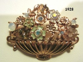 1928 Floral Basket Brooch Pin Antique Gold Tone Setting Rhinestones Enam... - $24.95