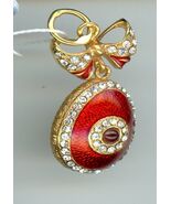 Russian Faux Silver Egg Pendant, red with circular stones &amp; red ruby-lik... - $54.39