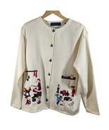 Karen Scott Size XL Santa&#39;s Workshop Christmas Scene Applique Buttoned C... - $595.20 MXN